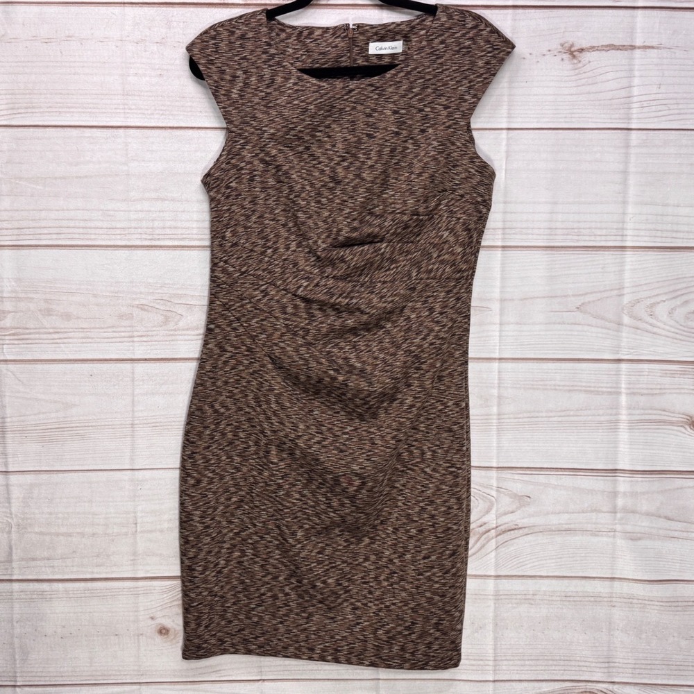 Calvin Klein Sheath Dress Womens 10 Brown Excellent Ruched Space Dye Sleeveless